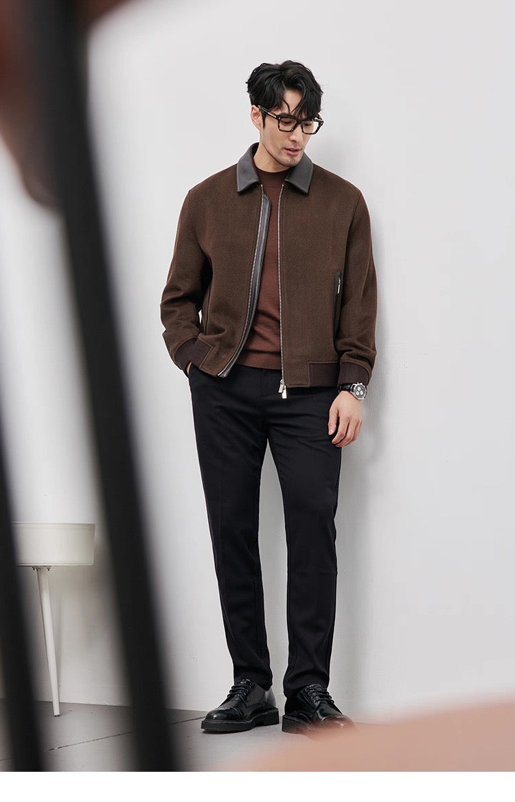 Chaqueta de aviador de piel auténtica – Bomber vintage americana con cremallera y cuello vuelto T0023