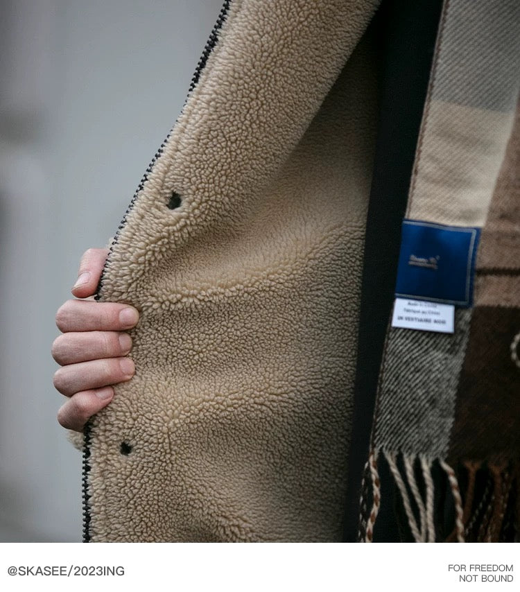 Chaqueta acolchada de algodón y piel sintética con cuello alto retro para hombre, abrigo de calle Morandi marrón grueso y cálido de lana de cordero T0013