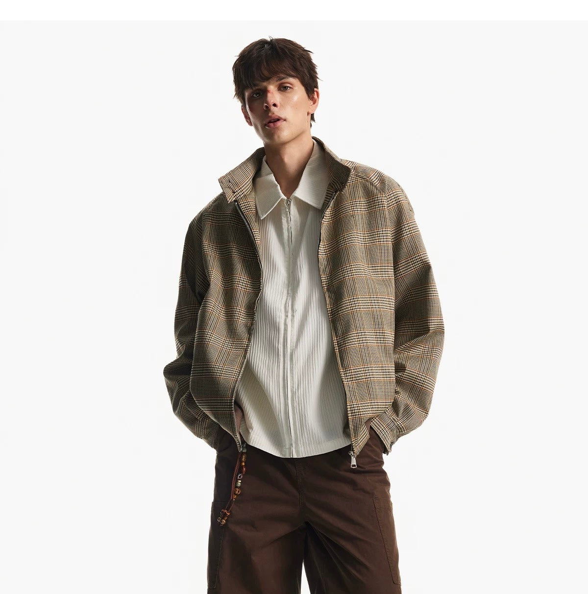 Men’s Houndstooth Harrington Jacket – American Retro Preppy Street OuterwearT0067