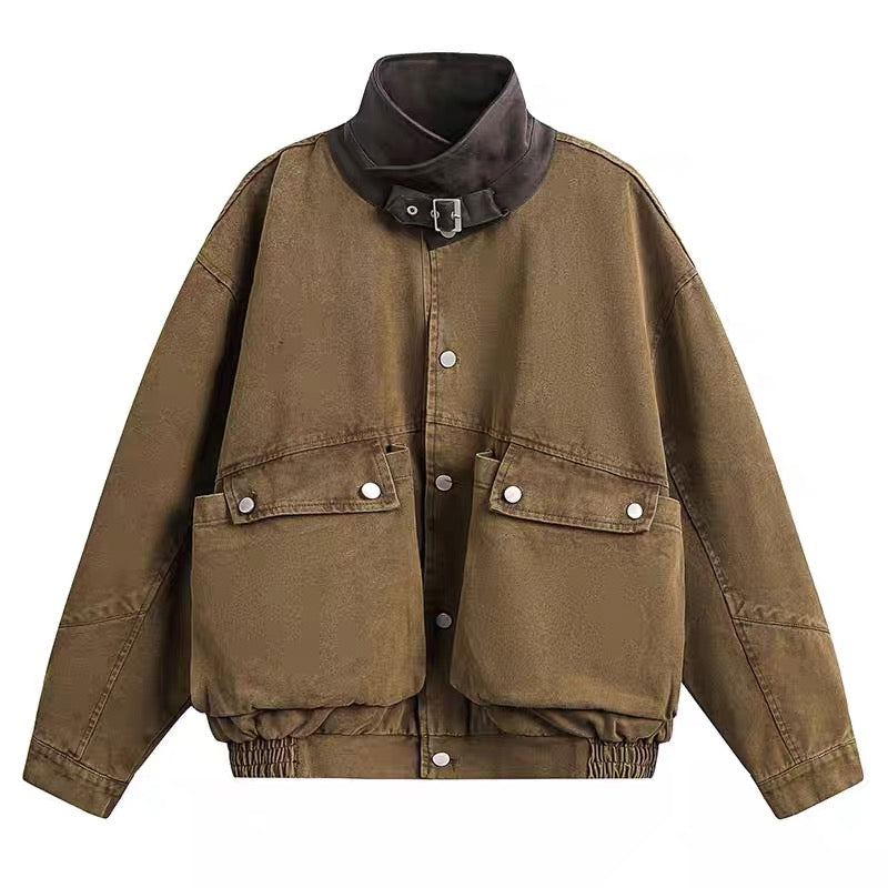 American Vintage Barn Jacket with 3D Pockets, Washed Distressed Paneled Collar Cropped Jacket for Men T0014