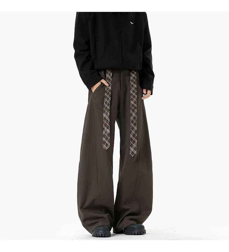 Pantalones acampanados vintage a cuadros con forro polar y cinturón – Estilo retro americano B0038