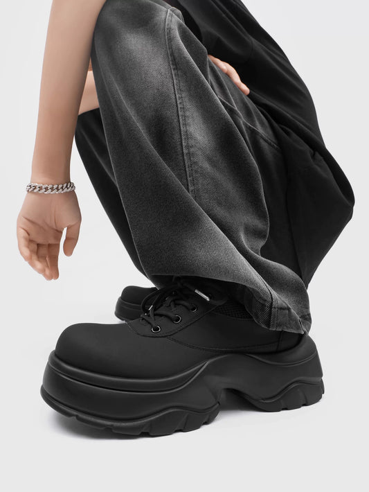 Parisian Chunky Derby Shoes - Matte Black Platform Dad Shoes (Unisex Black Warrior Style Luxury Footwear) S0007