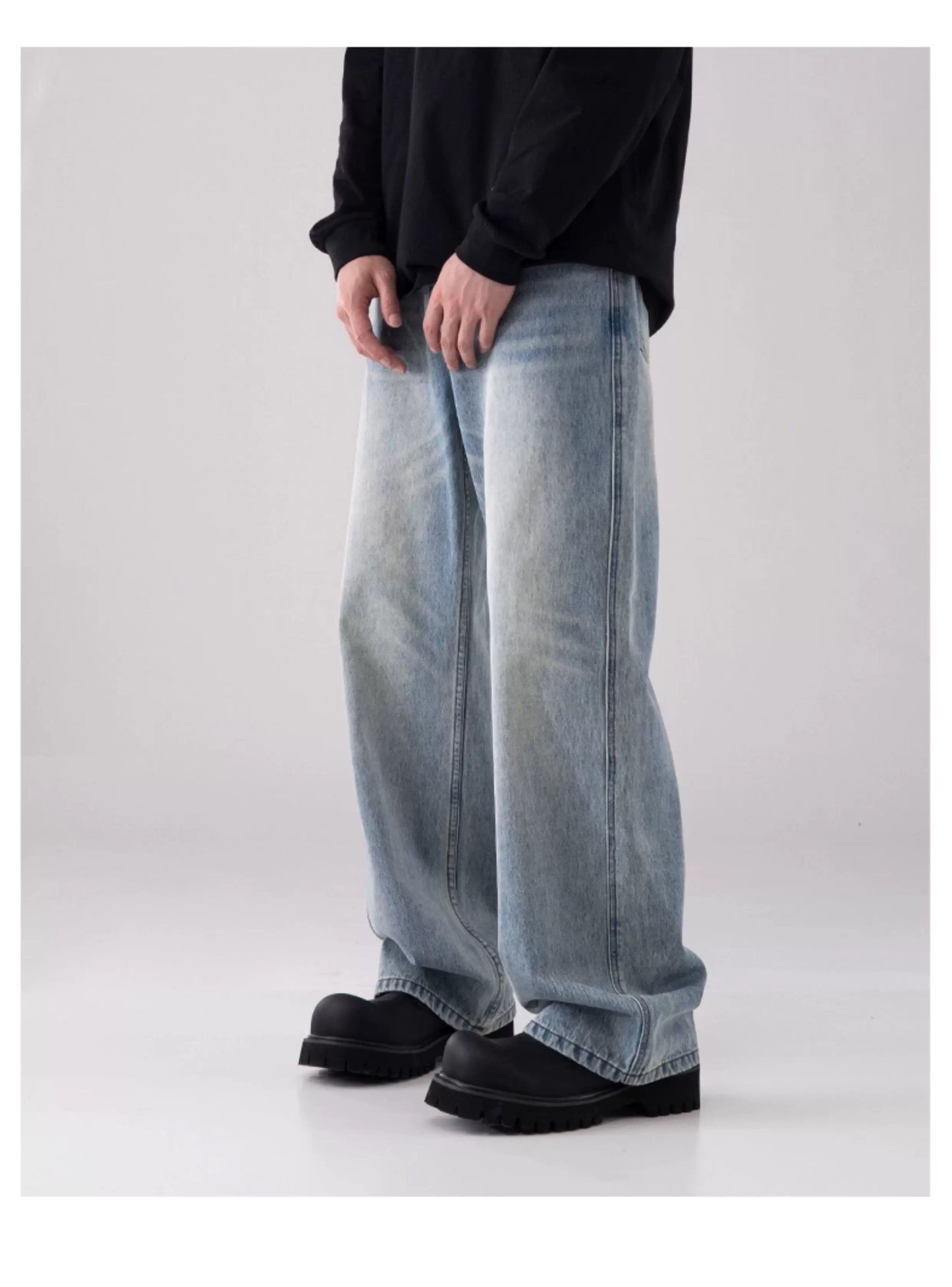 Men’s Vintage Washed Wide-Leg Jeans – American Retro Streetwear Denim T0138