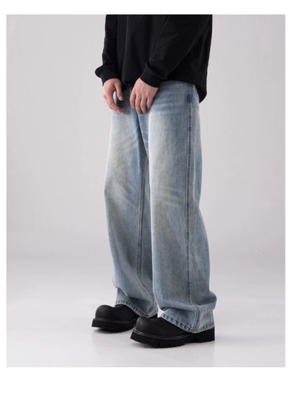 Men’s Vintage Washed Wide-Leg Jeans – American Retro Streetwear Denim T0138