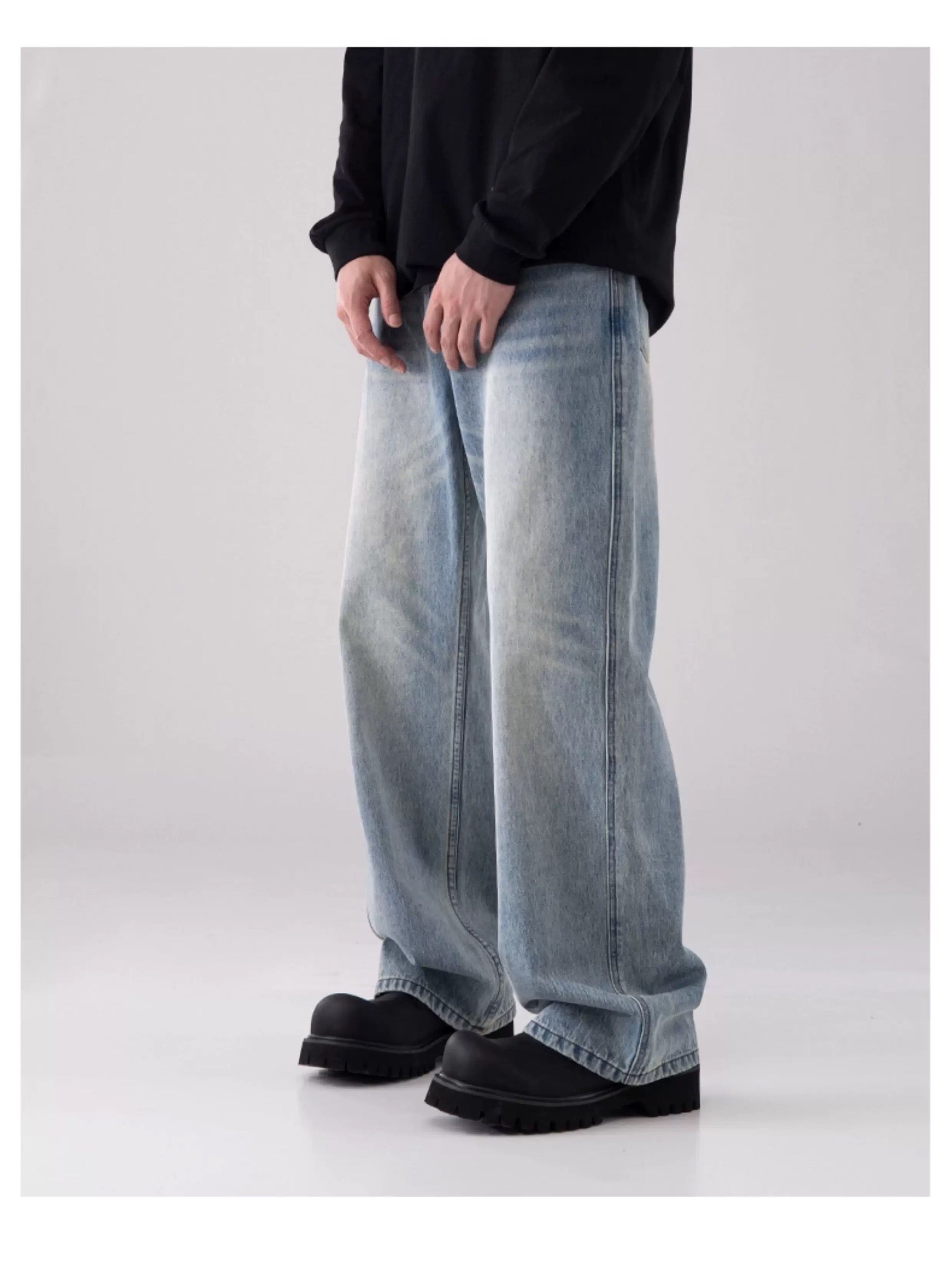 Vaqueros vintage lavados de pierna ancha para hombre – American Retro Streetwear Denim B0070