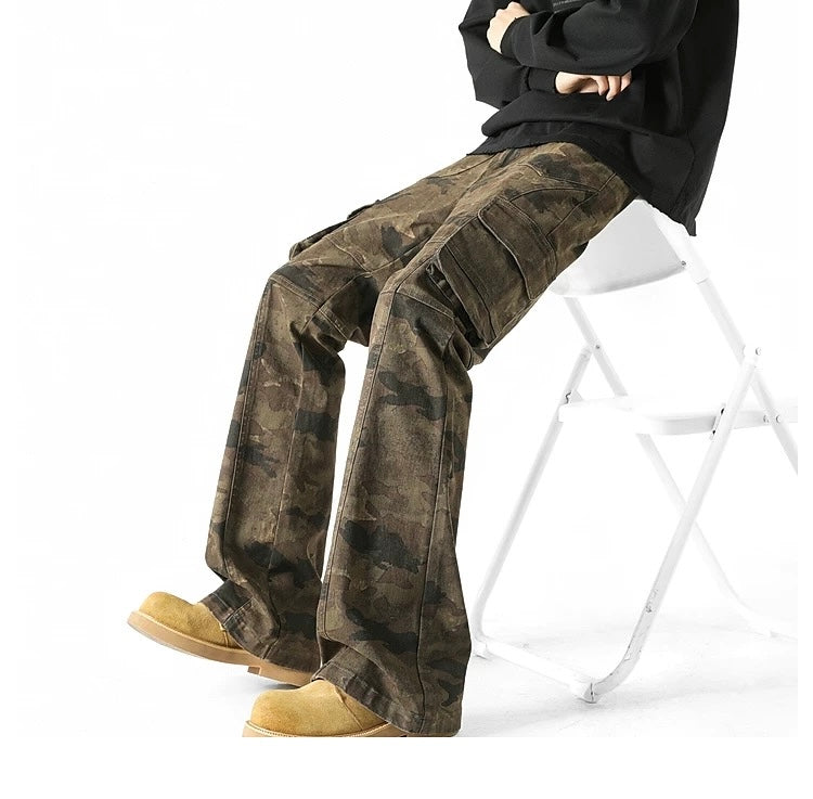 Men’s Camouflage Flared Cargo Jeans – American Vintage Workwear Street Denim B0078