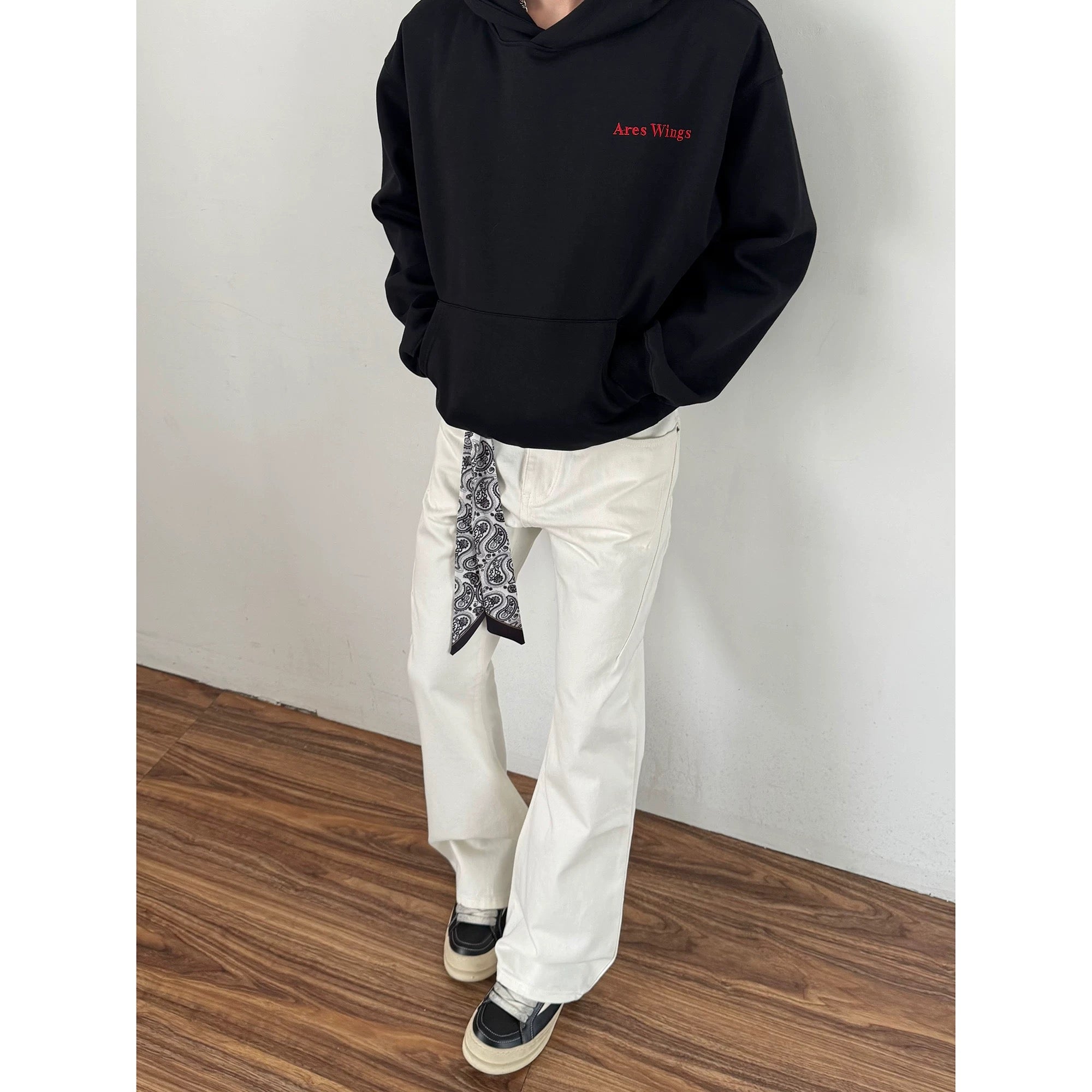 Men’s Vintage Scarf Detail Flare Jeans – American High Street Denim Pants B0074