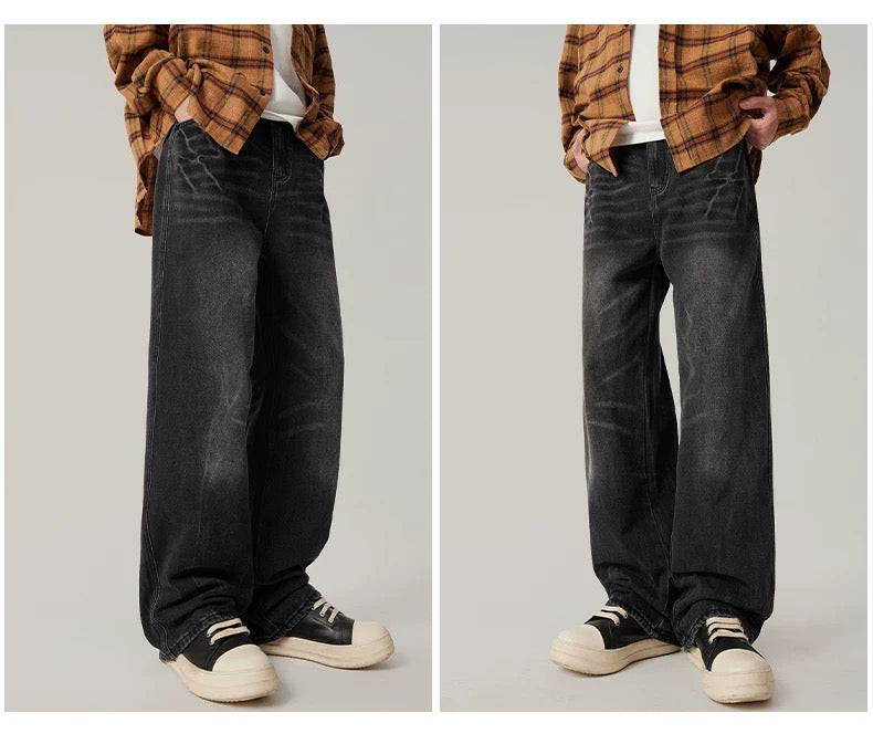 Men’s Vintage Washed Wide-Leg Jeans – American Retro Streetwear Denim T0138