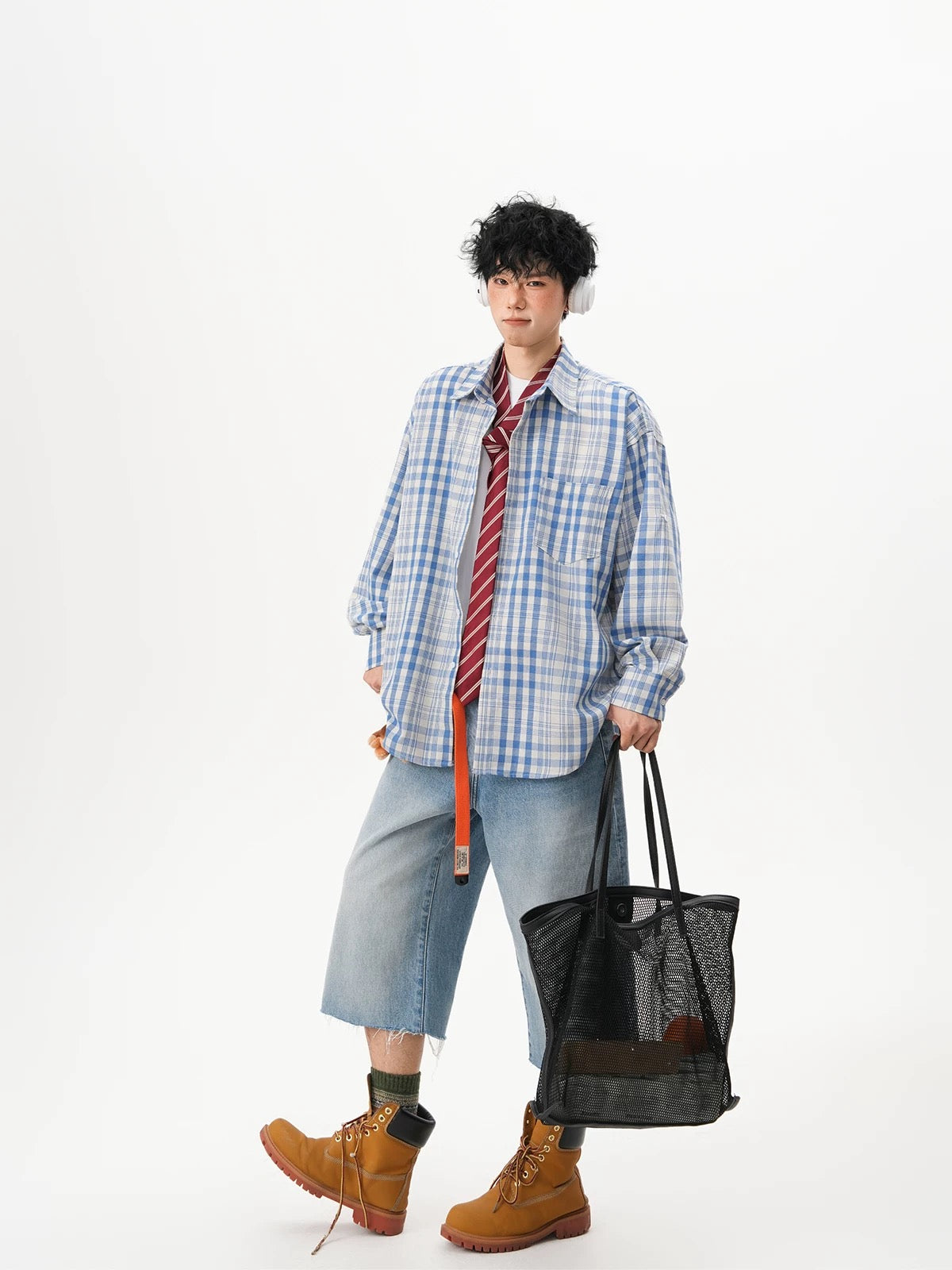 Men’s Vintage Blue Plaid Shirt – American Retro Street Casual Overshirt S0042