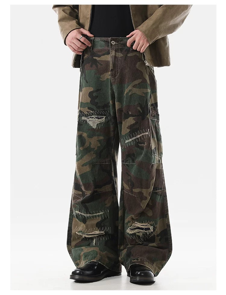 American Distressed Patchwork Camo Cargo Pants – Vintage Rugged Streetwear B0040