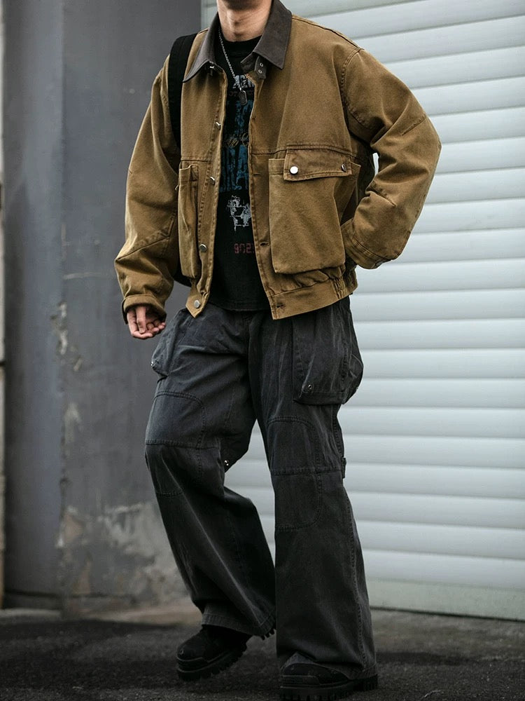 American Vintage Barn Jacket with 3D Pockets, Washed Distressed Paneled Collar Cropped Jacket for Men T0014