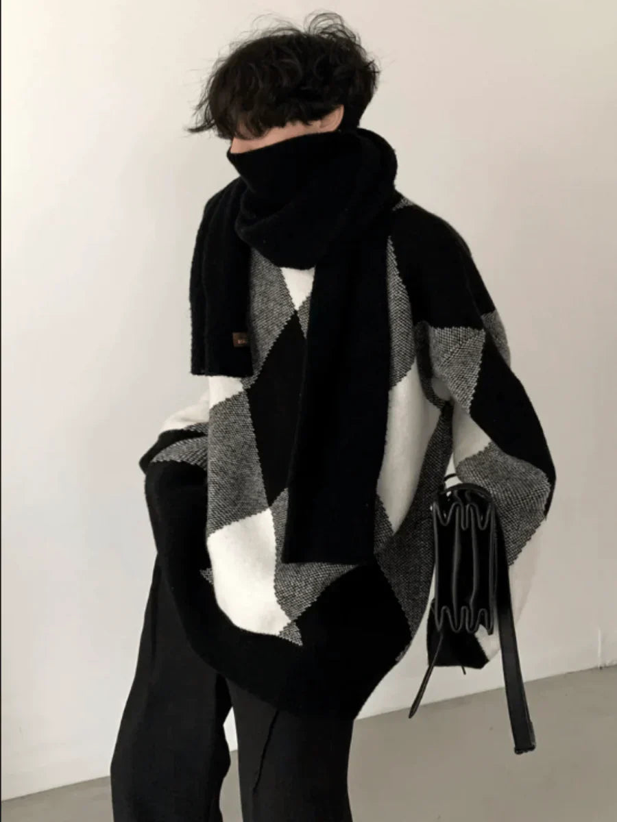 [AUTUMNWIND] BLACK AND WHITE HIGH-END DESIGN TURTLENECK SWEATER S0181