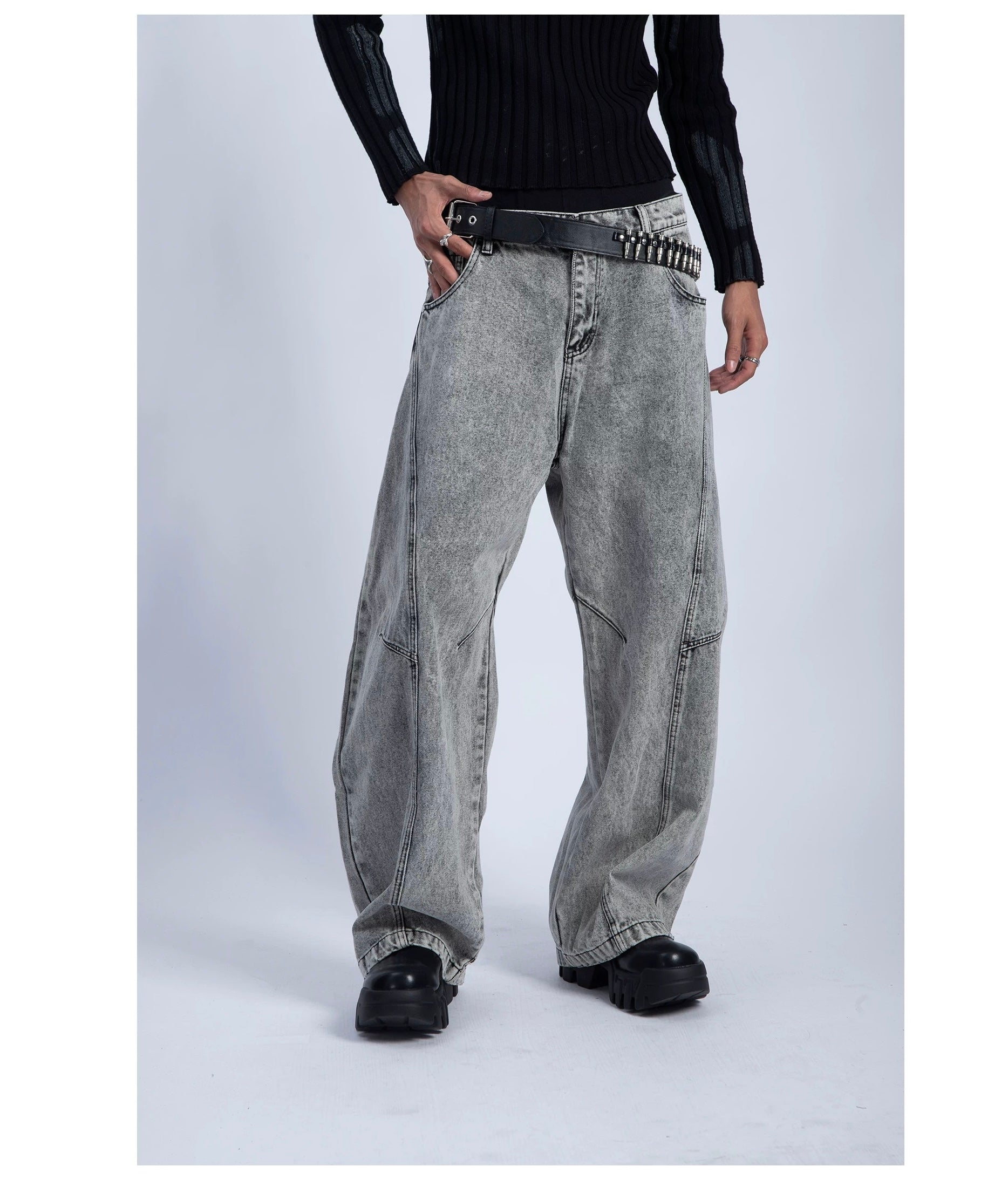 Men’s Vintage Curved-Cut Wide-Leg Jeans – Retro American Loose Fit Denim Pants B0056