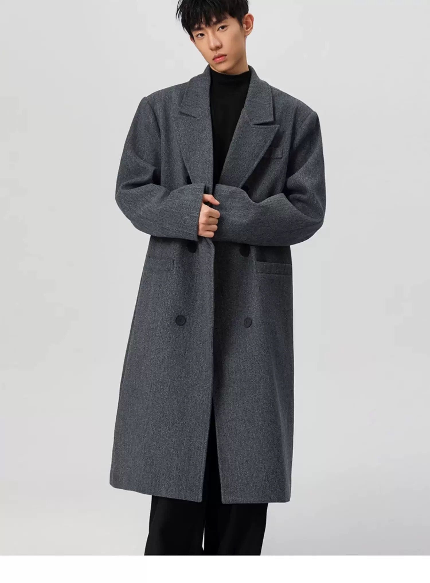 Men’s Long Wool Overcoat – American Vintage Street Tailored Winter Coat T0069