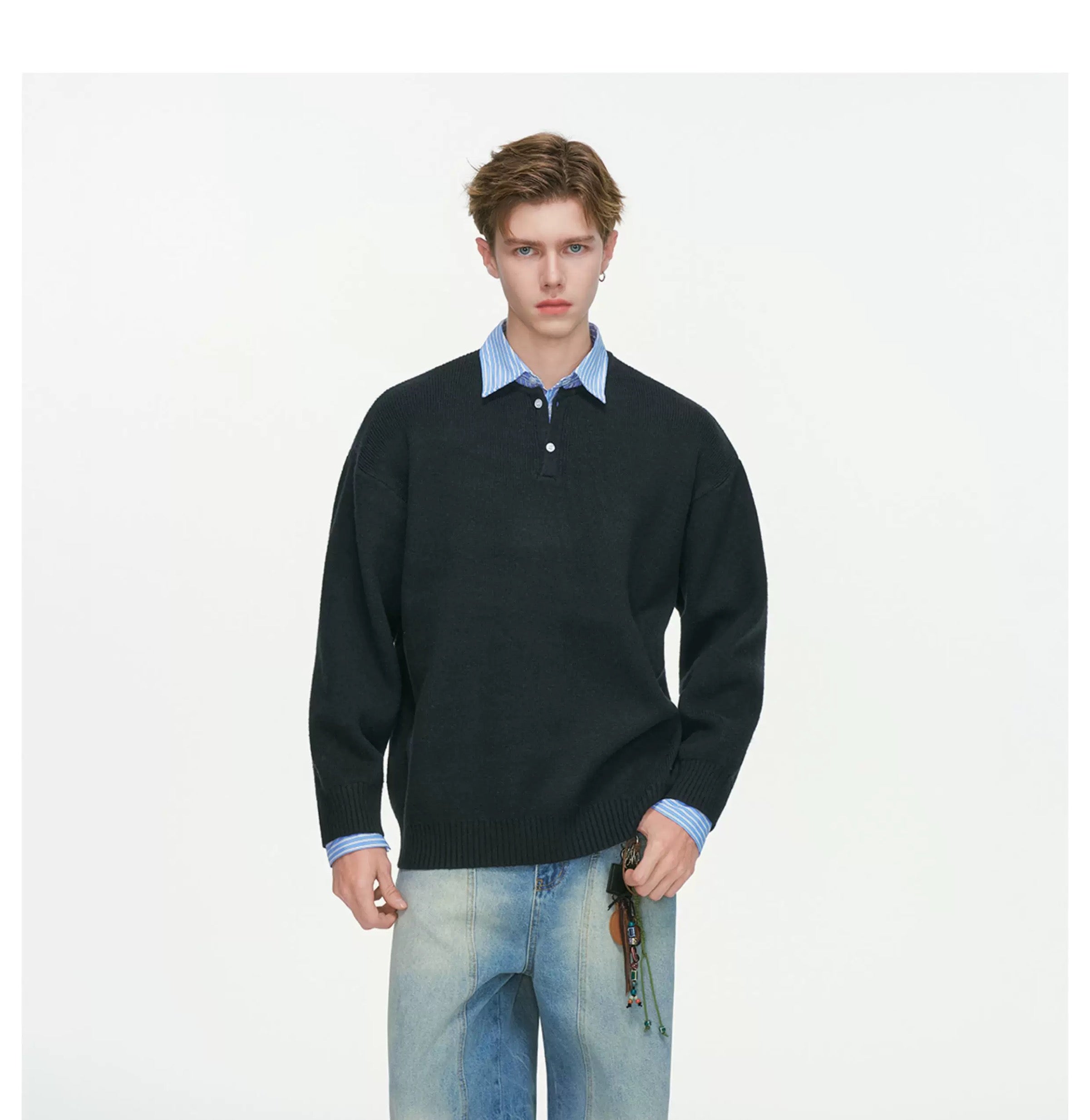 Men’s Layered Stripe Collar Sweatshirt – Vintage Preppy Street Pullover S0045