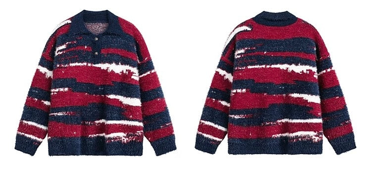 Men’s American Color-Block Striped Sweater – High Street Retro Knit Pullover S0055