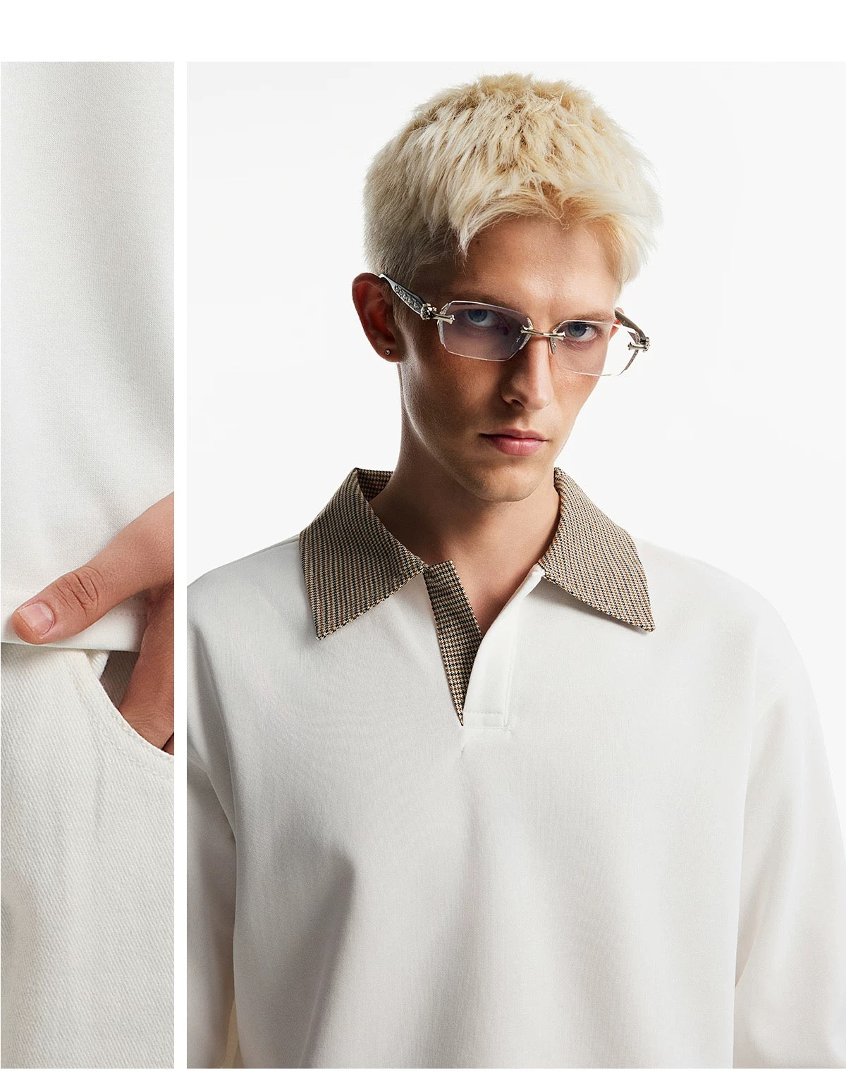 Men’s Houndstooth Patchwork Polo Long Sleeve Tee – Vintage Casual Streetwear Top S0036