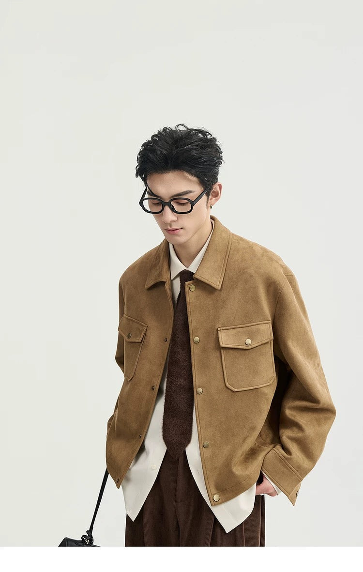 Chaqueta retro premium de ante sintético con solapa para hombre - Top corto informal para otoño T0039