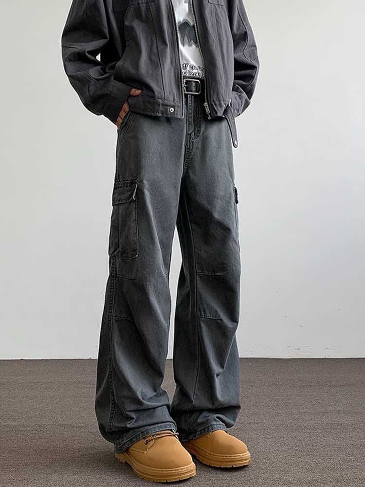Men’s Gray Multi-Pocket Cargo Pants – Utility Streetwear Loose Fit Trousers B0062