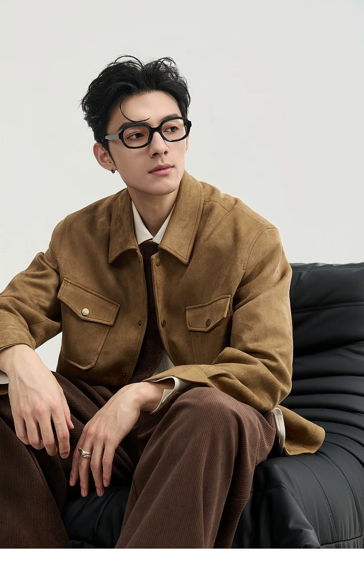 Chaqueta retro premium de ante sintético con solapa para hombre - Top corto informal para otoño T0039