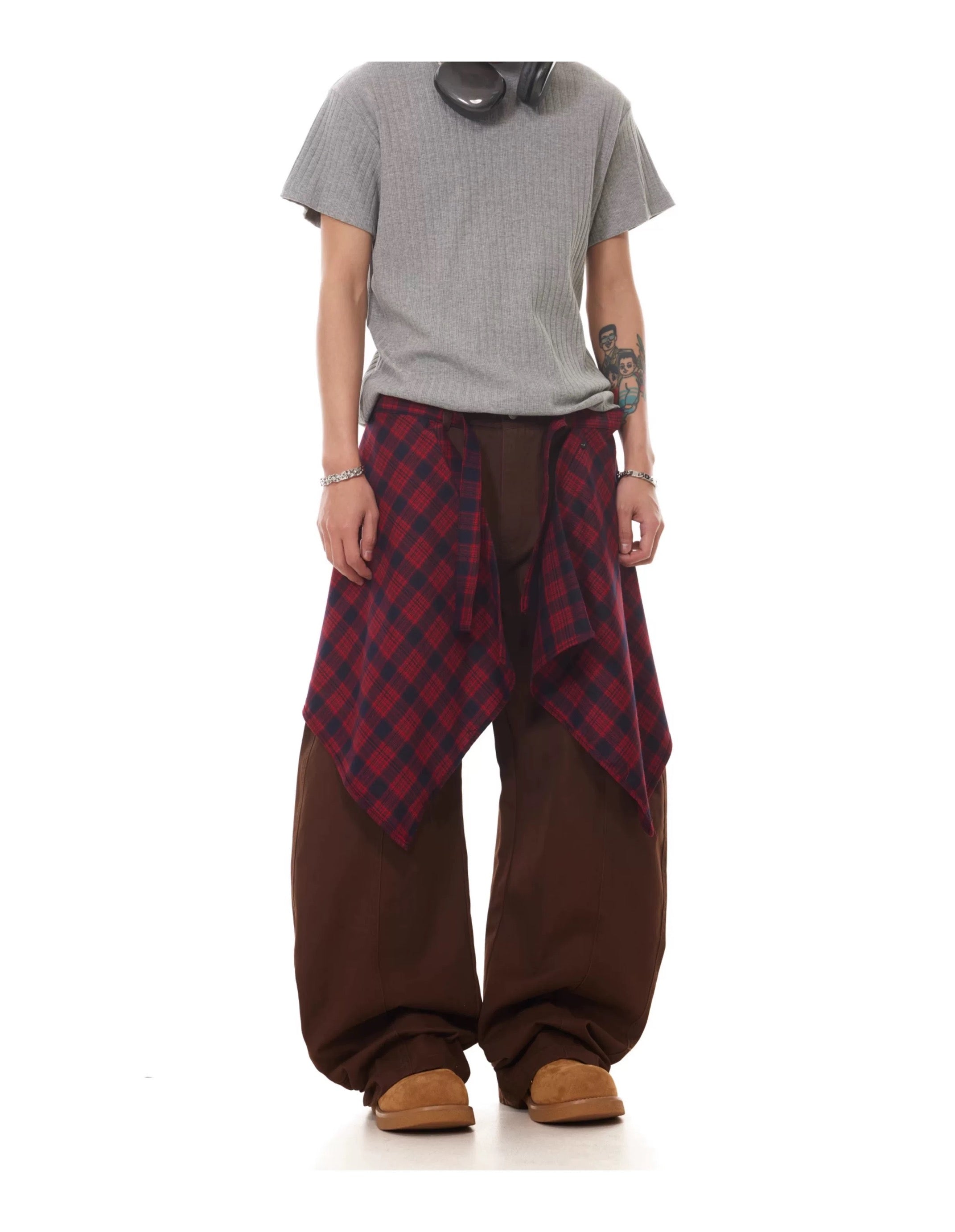 Men’s Vintage Detachable Plaid Skirt Cargo Pants – American Curved Wide-Leg Streetwear Trousers B0087
