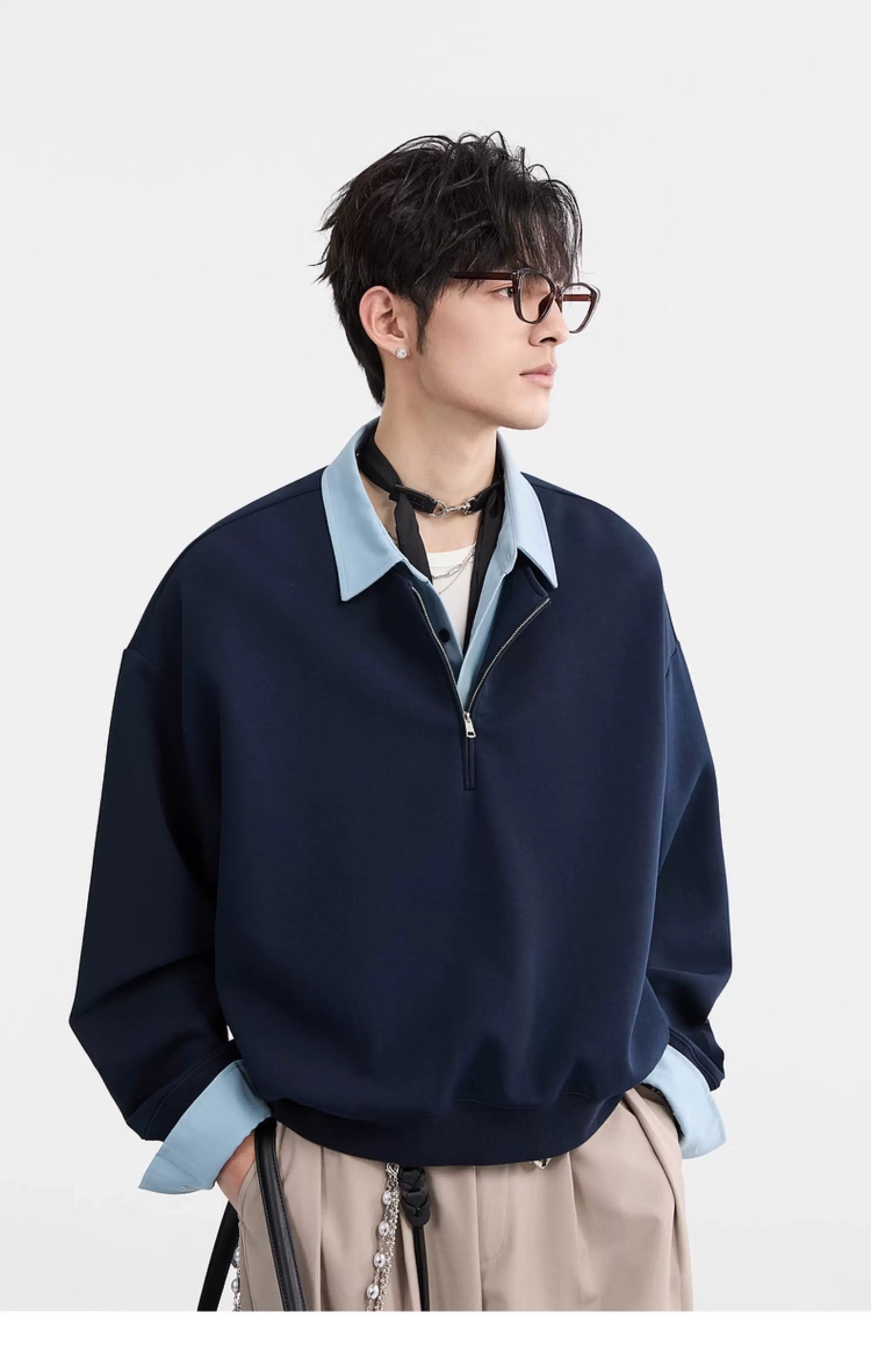 Sudadera con cuello camisero y bloques de color - Jersey extragrande Cleanfit con media cremallera para hombre T0047