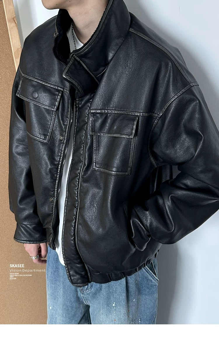 Chaqueta acolchada de algodón y piel sintética con cuello alto retro para hombre, abrigo de calle Morandi marrón grueso y cálido de lana de cordero T0013