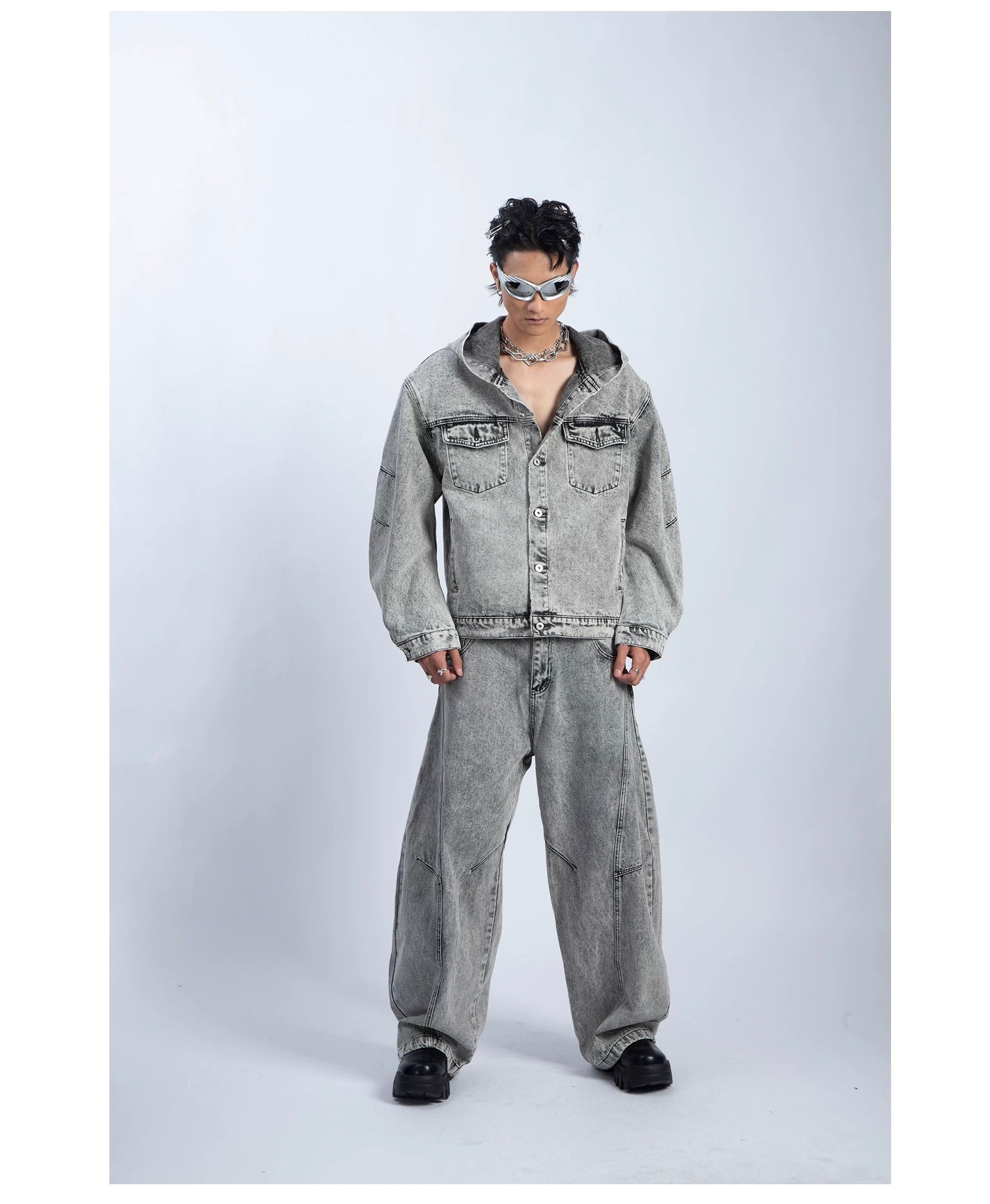 Men’s Deconstructed Distressed Denim Hoodie Jacket – Vintage Heavywork Streetwear Outerwear T0043