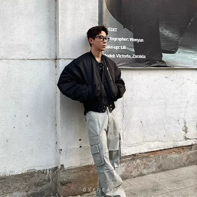 Men’s Cropped Bomber Puffer Jacket – American High Street Short Cotton Outerwear T0071