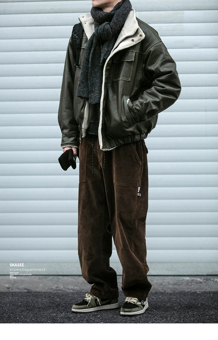 Chaqueta acolchada de algodón y piel sintética con cuello alto retro para hombre, abrigo de calle Morandi marrón grueso y cálido de lana de cordero T0013