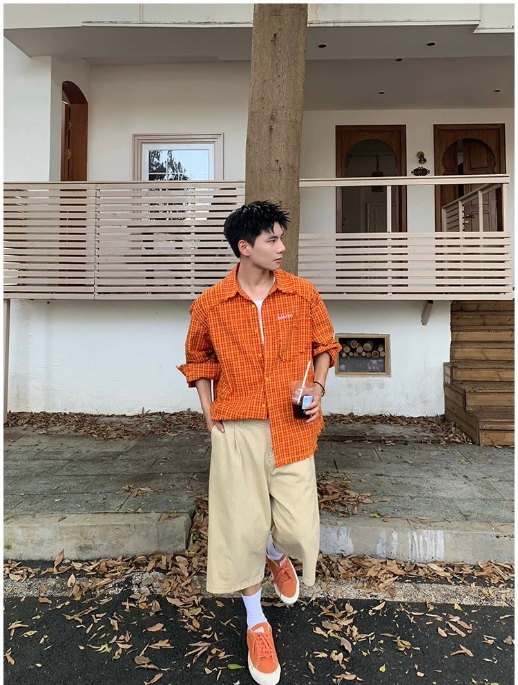 American Streetwear Orange Plaid Shirt – Vintage Long Sleeve Flannel for Men T0241