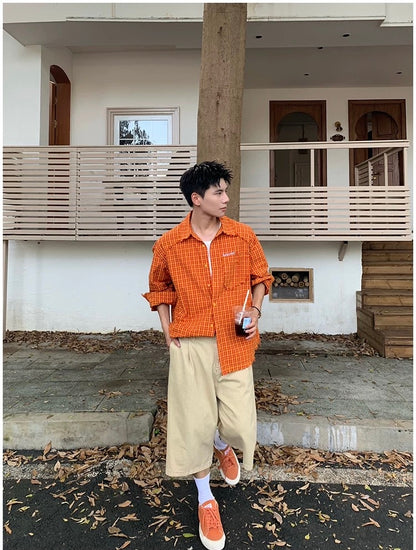 American Streetwear Orange Plaid Shirt – Vintage Long Sleeve Flannel for Men T0241