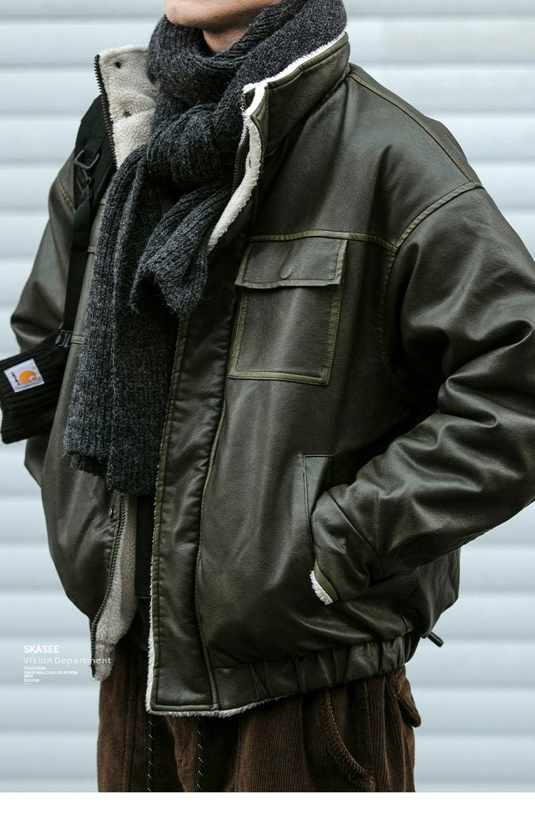 Chaqueta acolchada de algodón y piel sintética con cuello alto retro para hombre, abrigo de calle Morandi marrón grueso y cálido de lana de cordero T0013