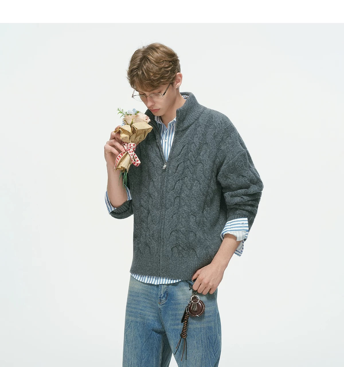 Vintage Cable Knit Turtleneck Sweater – American Retro Textured Pullover for MenS0026