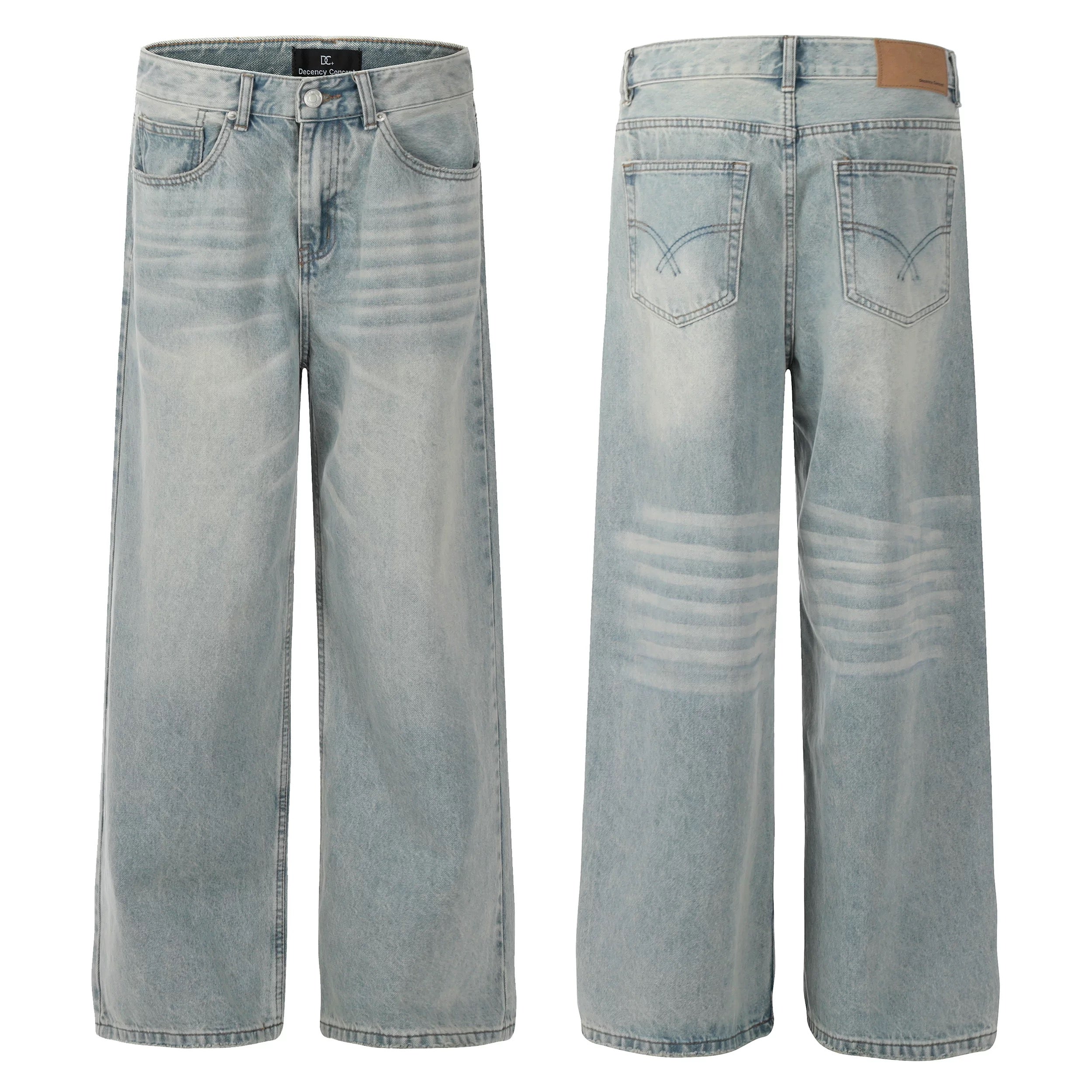 Men’s Vintage Wash Straight Leg Jeans Loose Fit Wide Leg Denim Pants B0100