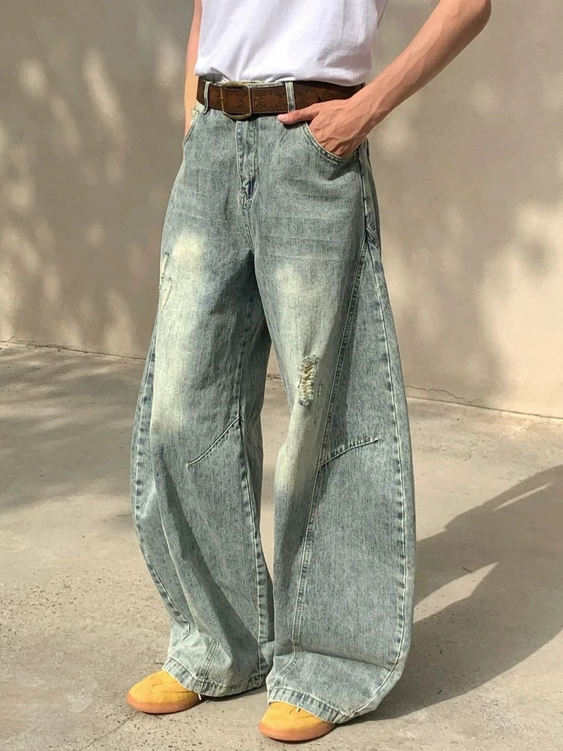 Light Wash Baggy Scimitar Jeans for Men – Loose Fit Wide-Leg Denim Pants 2025 Spring/Fall B0094