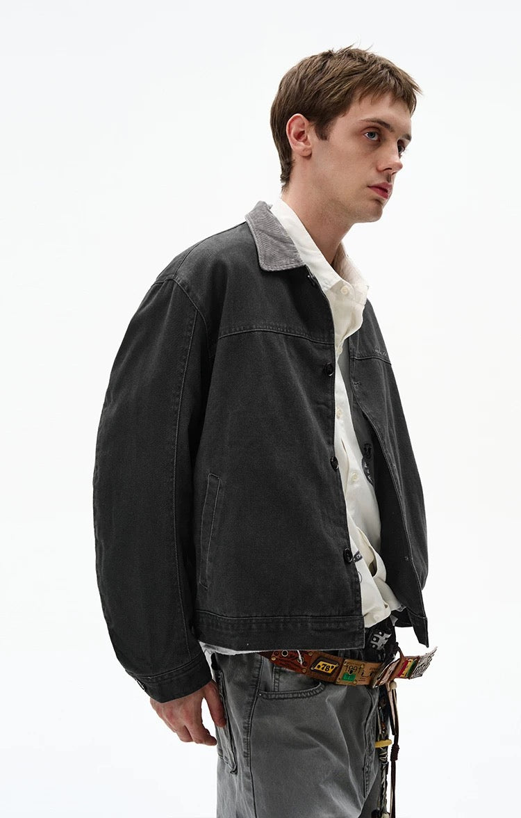 Men’s Color-Block Workwear Jacket – American Retro Contrast Collar Utility Outerwear T0064