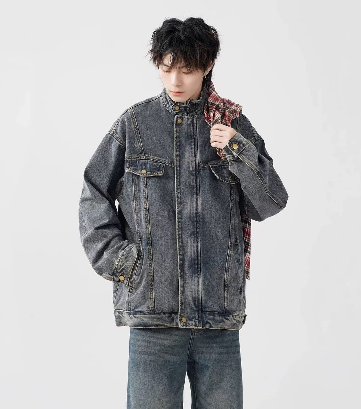 Men’s Vintage Washed Denim Jacket – American Retro Distressed Streetwear Outerwear T0046