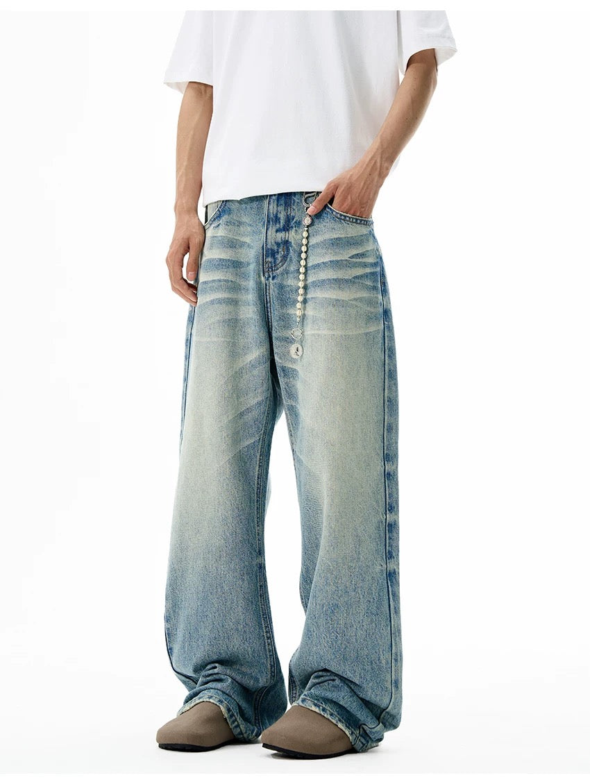 Men’s Clean Fit Light Blue Flare Jeans – American Retro Minimal Street Denim B0081