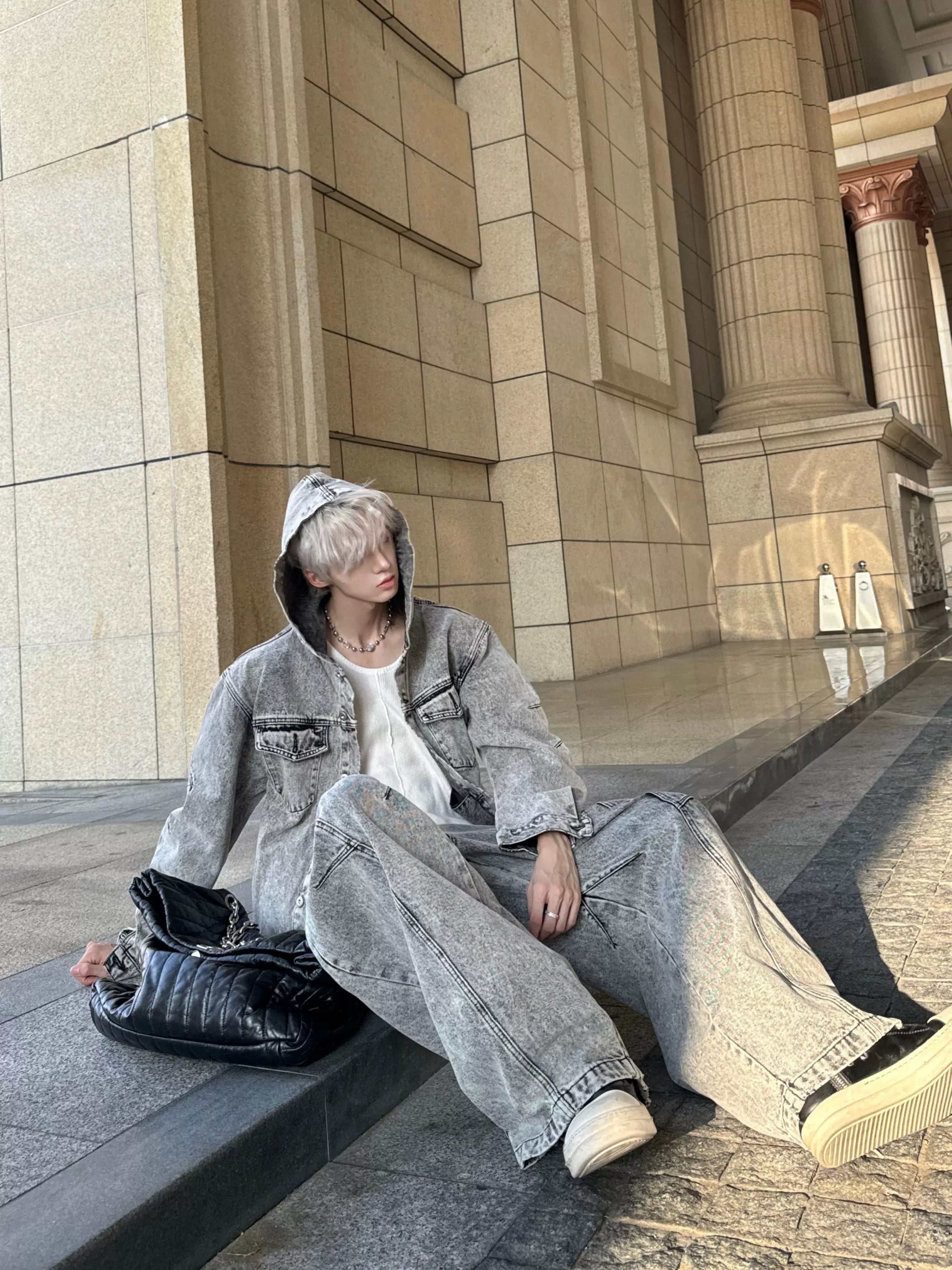 Men’s Deconstructed Distressed Denim Hoodie Jacket – Vintage Heavywork Streetwear Outerwear T0043