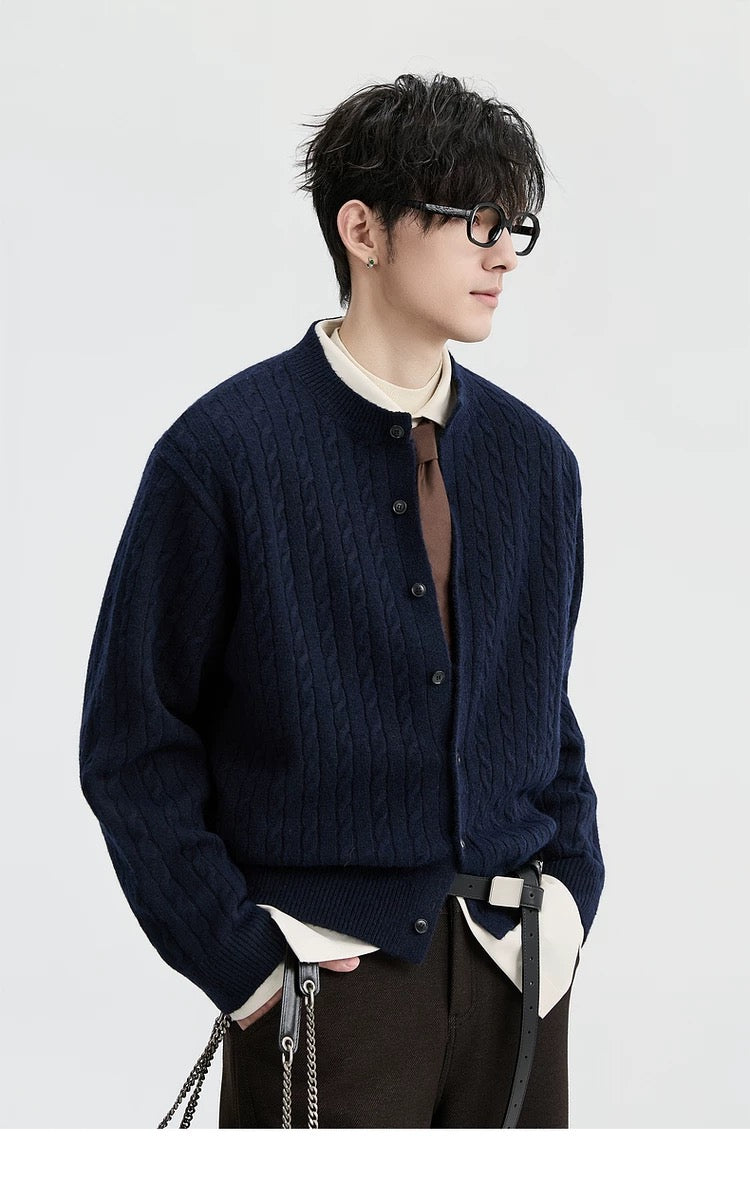 Jacquard Retro-Style Henry Neck Sweater Cardigan for Men - Wool-Blend Knitted Outerwear for Autumn & Winter T0038