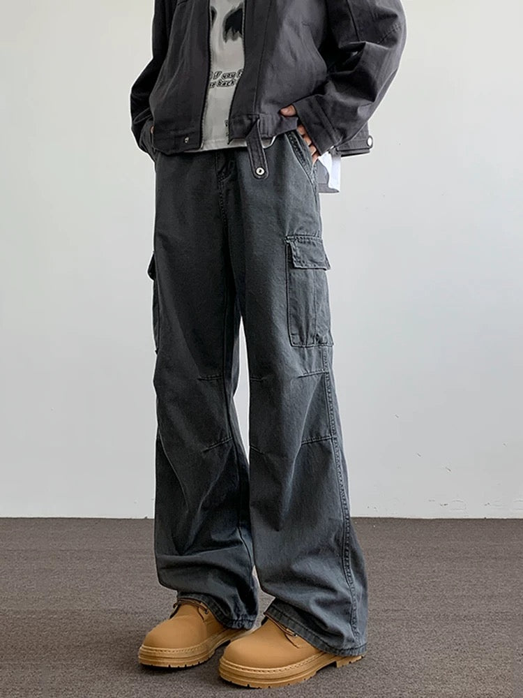 Men’s Gray Multi-Pocket Cargo Pants – Utility Streetwear Loose Fit Trousers B0062