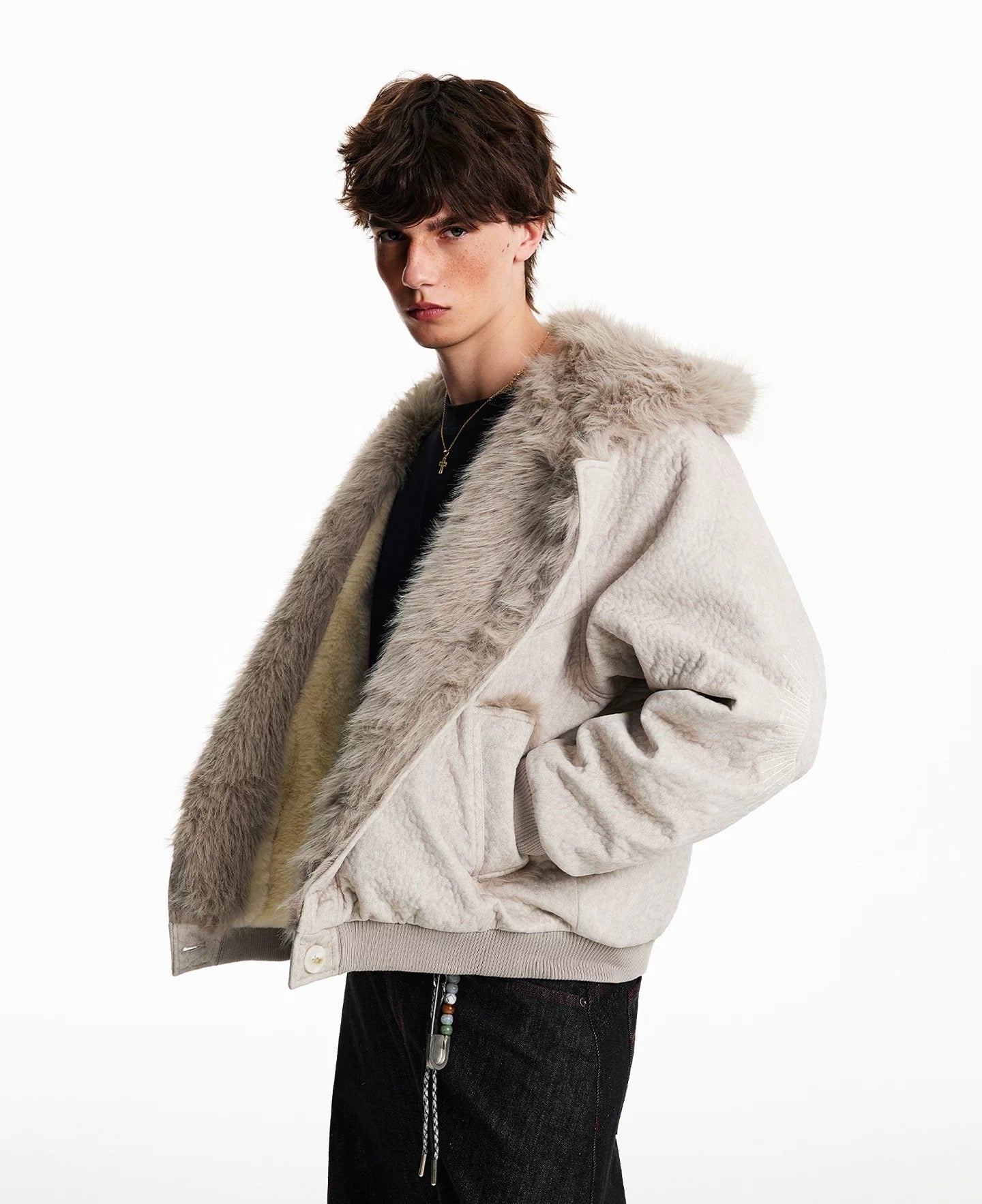 American Vintage Faux Rabbit Fur Hooded Jacket T0254