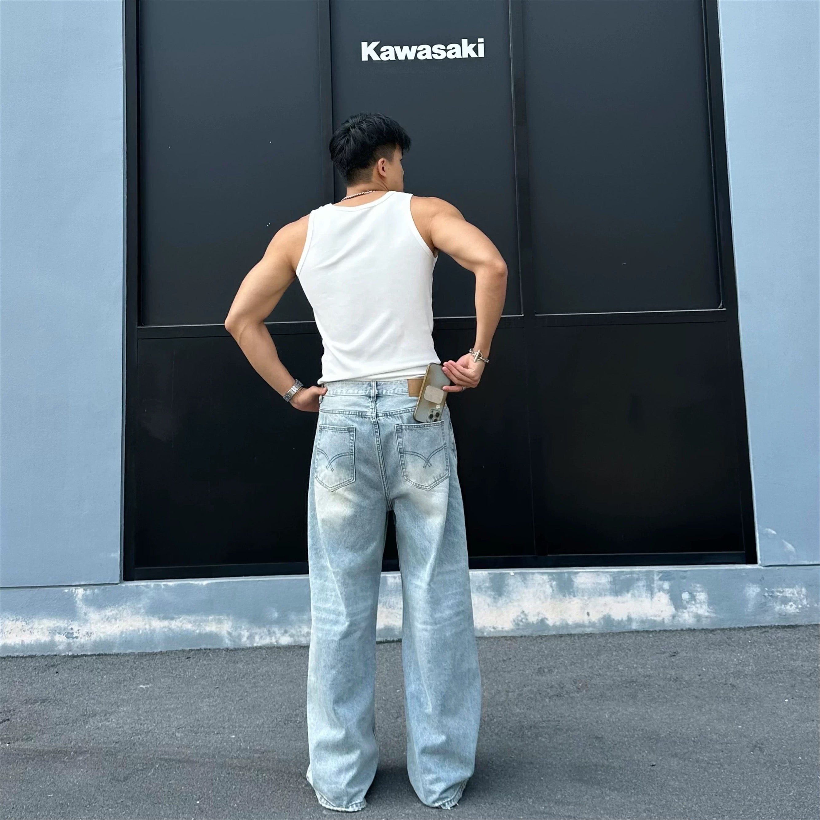 Men’s Vintage Wash Straight Leg Jeans Loose Fit Wide Leg Denim Pants B0100