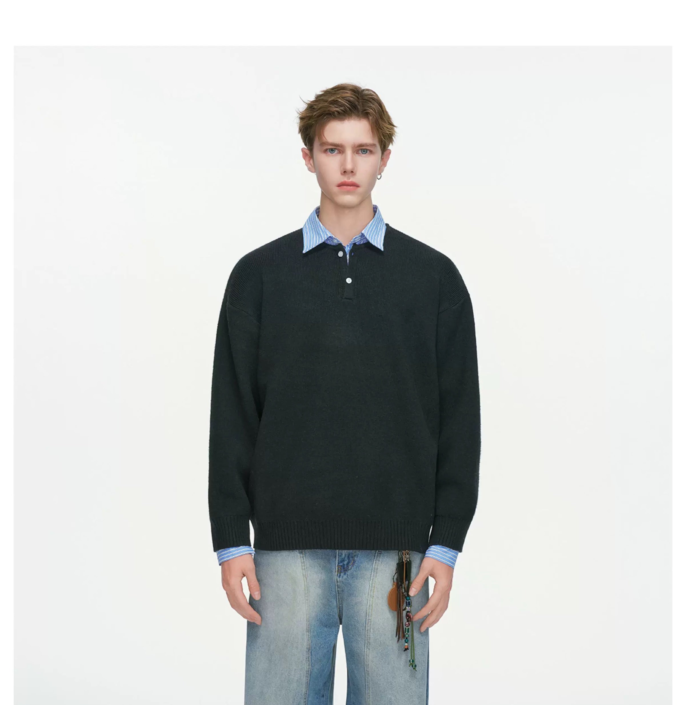 Men’s Layered Stripe Collar Sweatshirt – Vintage Preppy Street Pullover S0045