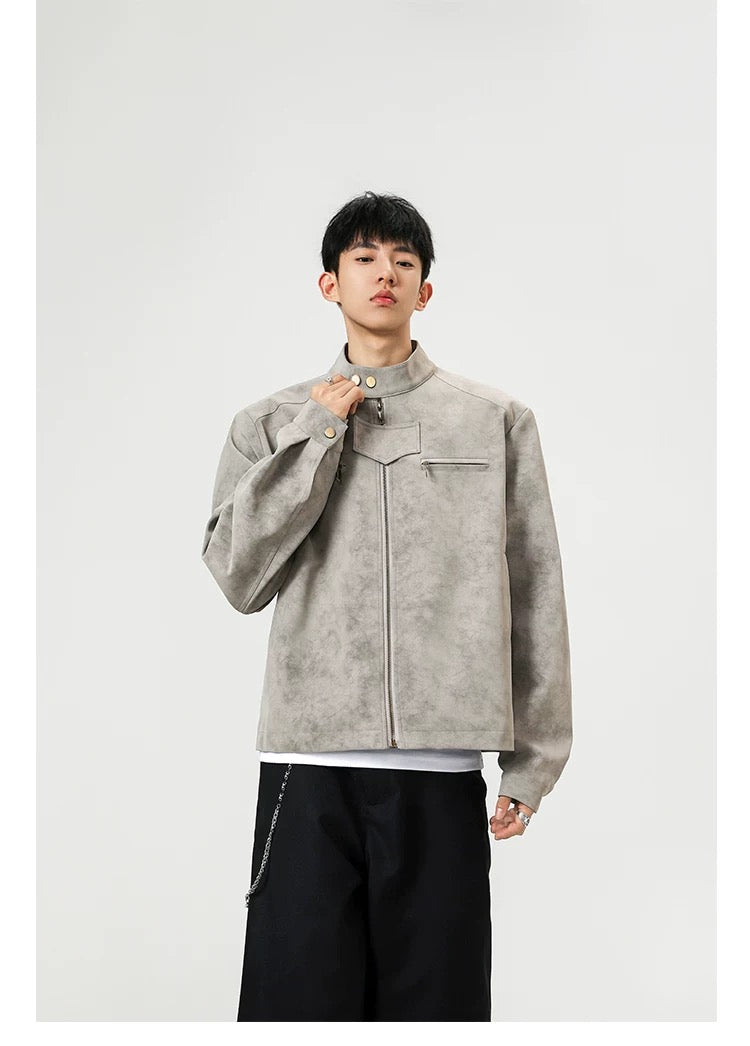 Chaqueta vintage de piel sintética con efecto tie-dye para hombre, cuello alto, estilo urbano, T0078