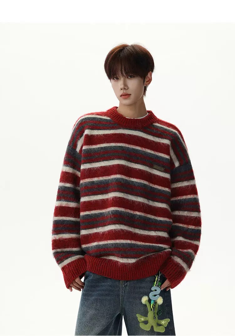 Men’s Vintage Red Striped Sweater – American Retro Knit Pullover S0049