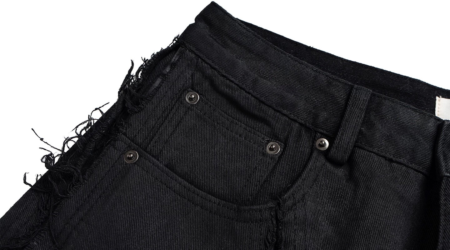 Men’s American Street Style Waxed Wash Distressed Baggy Jeans Wide Leg Curved Cut Floor-Length Denim Pants B0097