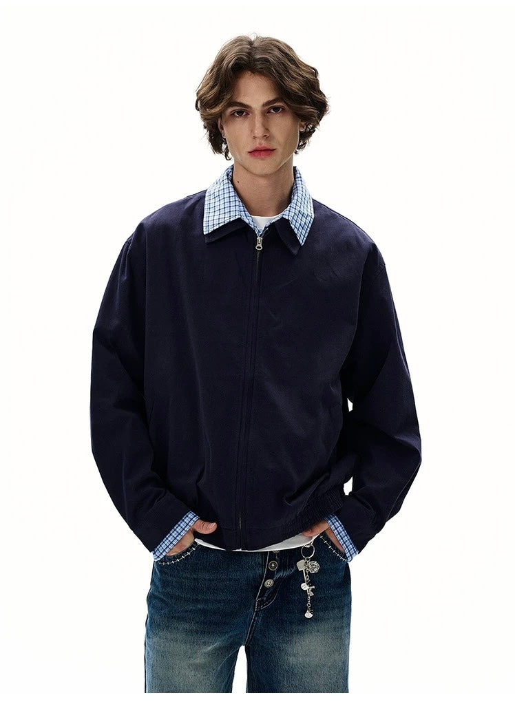 Men’s Vintage Plaid Patchwork Layered Jacket – American Retro Fake Two-Piece Streetwear Coat T0042