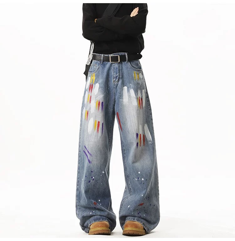 Men’s Graffiti Denim Jeans – Vintage American High Street Painted Streetwear Pants B0058